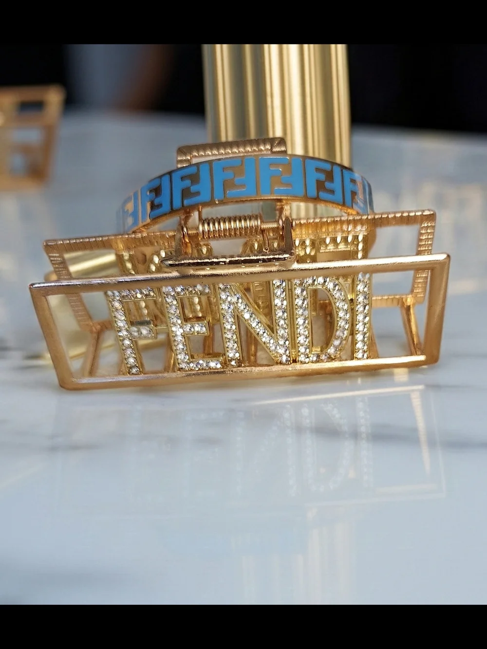 Fendi Forever Blue Enamel Bracelet & Metal Fendi Hair Clip in Gold
